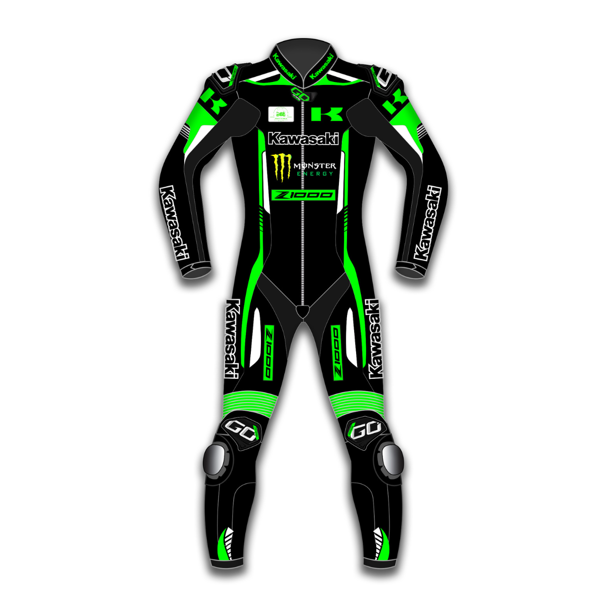 Front view of the Best Kawasaki Moto Racing Suit by Go Max Racing featuring premium cowhide leather, Level 2 CE-certified armor, ergonomic race fit, and professional motorcycle protection.