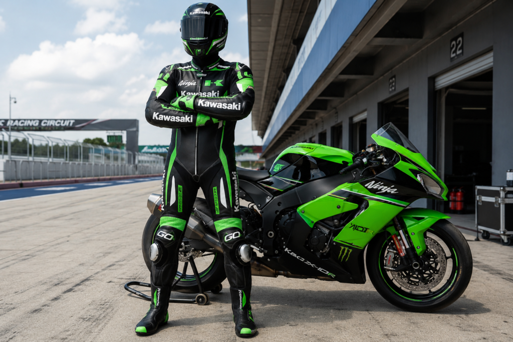 Professional Rider Wearing the Best Kawasaki Moto Racing Suit by Go Max Racing Professional motorcycle rider wearing the Best Kawasaki Moto Racing Suit by Go Max Racing beside a Kawasaki sport bike at a race track.