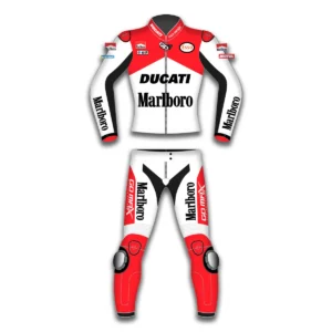 Front view of the Custom Ducati 2 Piece Racing Suit handcrafted by Go Max Racing with premium cowhide leather, CE-certified armour, ergonomic race fit, and professional riding protection.