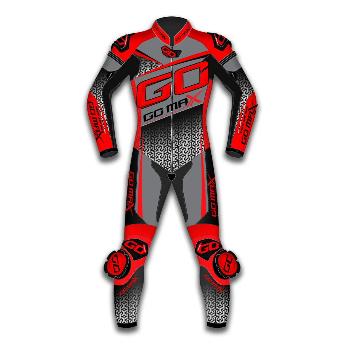 Custom 1 Piece Motorbike Racing Suit front view featuring premium cowhide leather, CE armor, race fit, and fully customizable racing design.