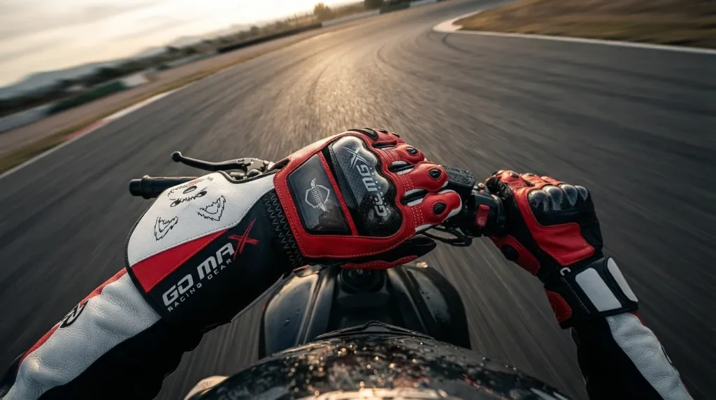 GoMax Double Strap Racing Gloves Worn by Motorcycle Rider Motorcycle rider wearing GoMax Double Strap Racing Gloves with red and black leather racing design