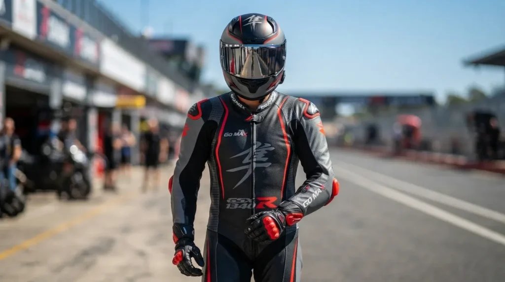 GoMax Hayabusa 2 Piece Motorcycle Leather Suit Rider Advertising Image Rider wearing GoMax Hayabusa 2 Piece Motorcycle Leather Suit during a high-performance motorcycle ride