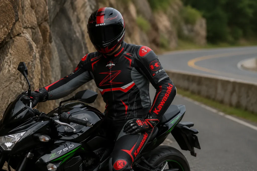 Professional Rider Wearing GoMax Moto Race Jacket Professional rider wearing the GoMax Moto Race Jacket on a sport motorcycle, showcasing premium leather protection, ergonomic comfort, and race-ready performance.
