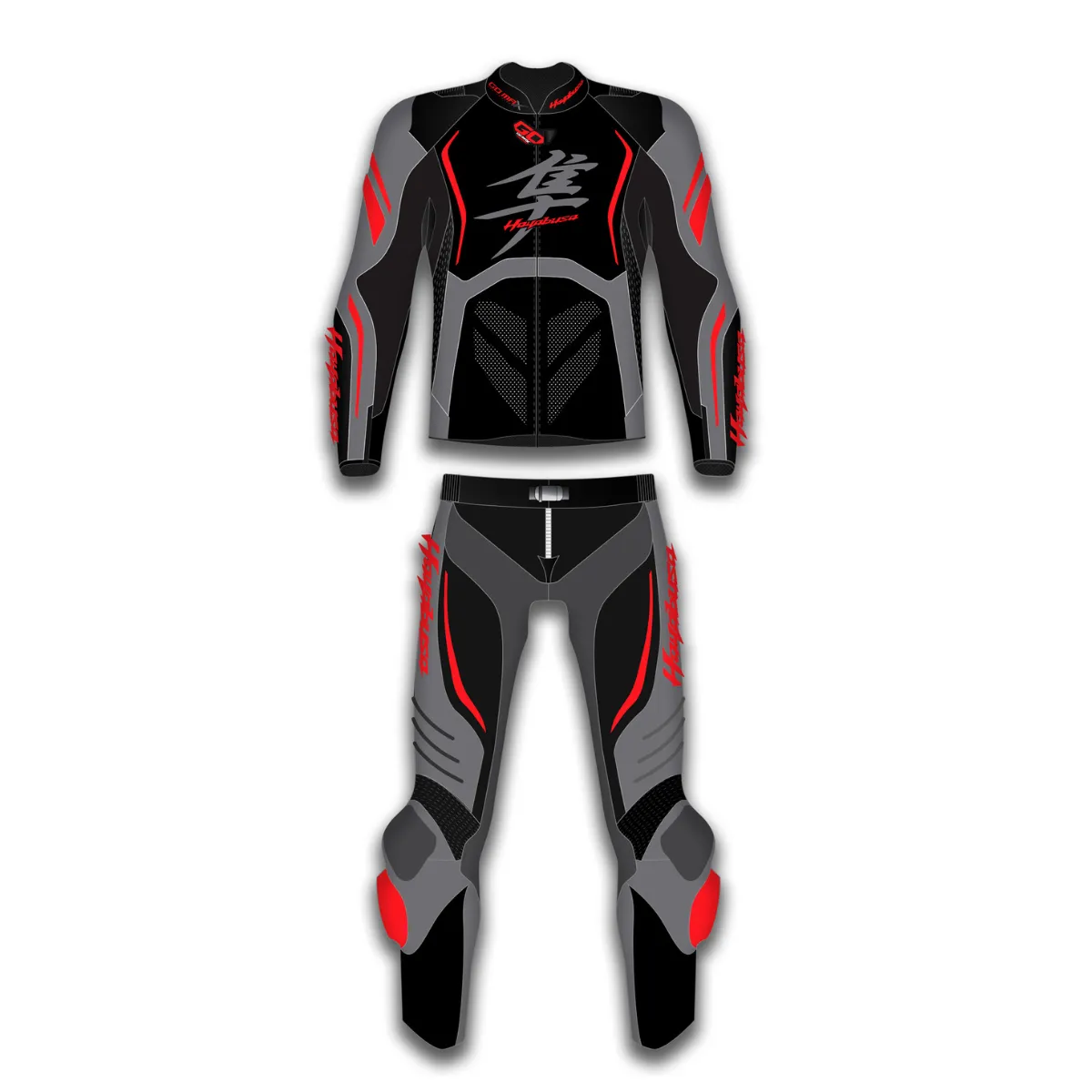 Hayabusa 2 Piece Motorcycle Leather Suit front view featuring premium leather racing design, ergonomic fit, CE-certified protection and GoMax Racing motorcycle gear