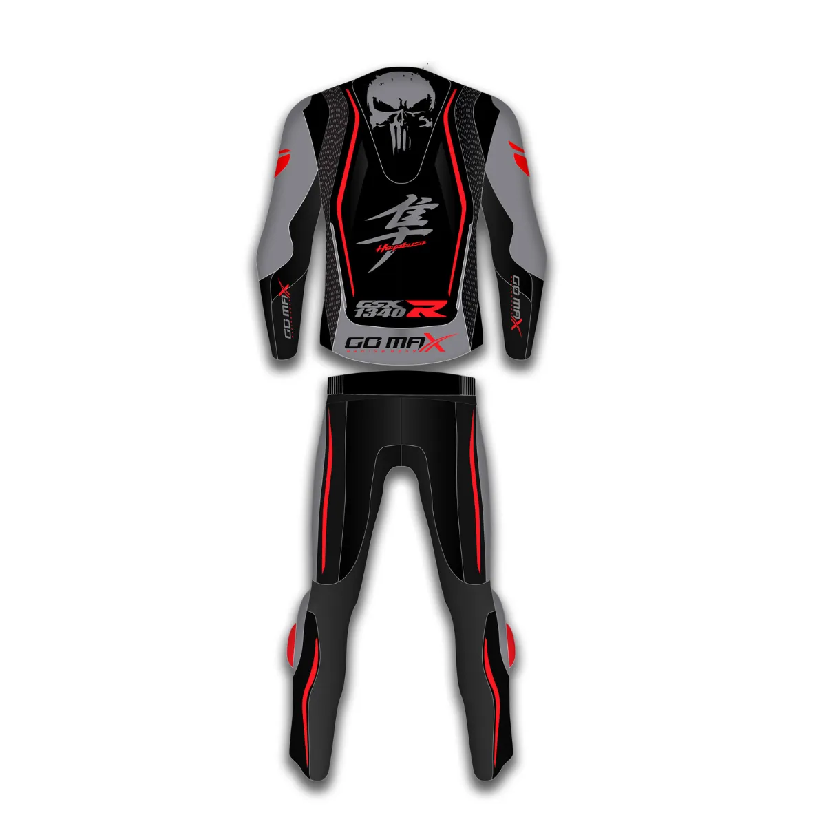 Hayabusa 2 Piece Motorcycle Leather Suit rear view displaying premium leather construction, race-inspired back design and GoMax Racing performance apparel