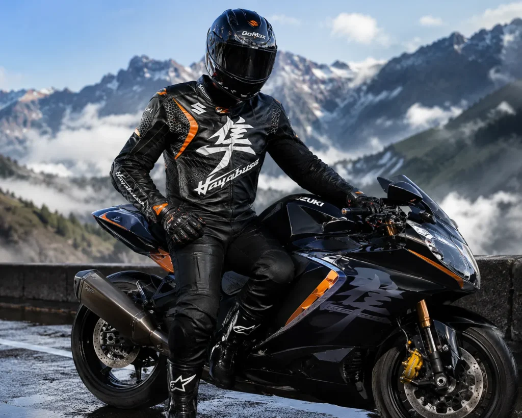 Hayabusa Moto Racing Jacket Rider | GoMax Racing Professional rider wearing the Hayabusa Moto Racing Jacket by GoMax Racing on a sportbike with premium CE-approved leather protection.