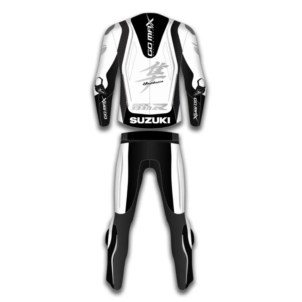 Rear view of Hayabusa Motorcycle Leather Racing Suit by GoMax Racing with aerodynamic leather racing design