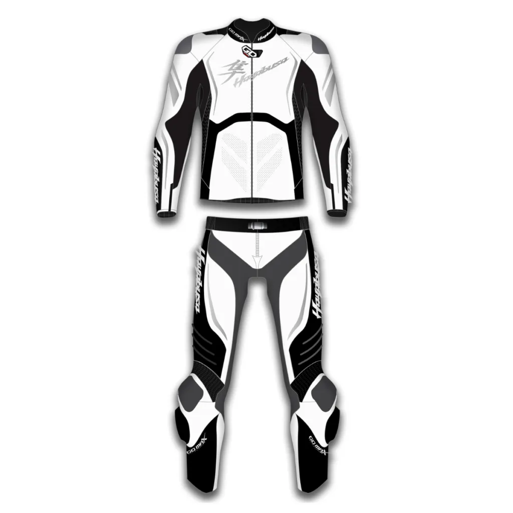 Rear view of Hayabusa Motorcycle Leather Racing Suit by GoMax Racing with aerodynamic leather racing design