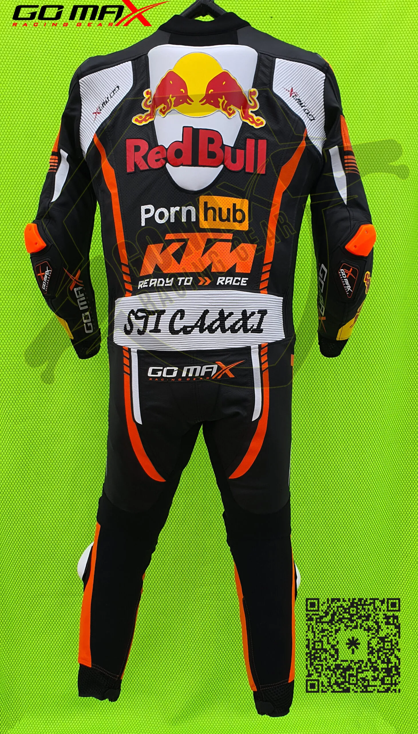 KTM Motorcycle Racing Suit back profile with racing hump and stretch panels