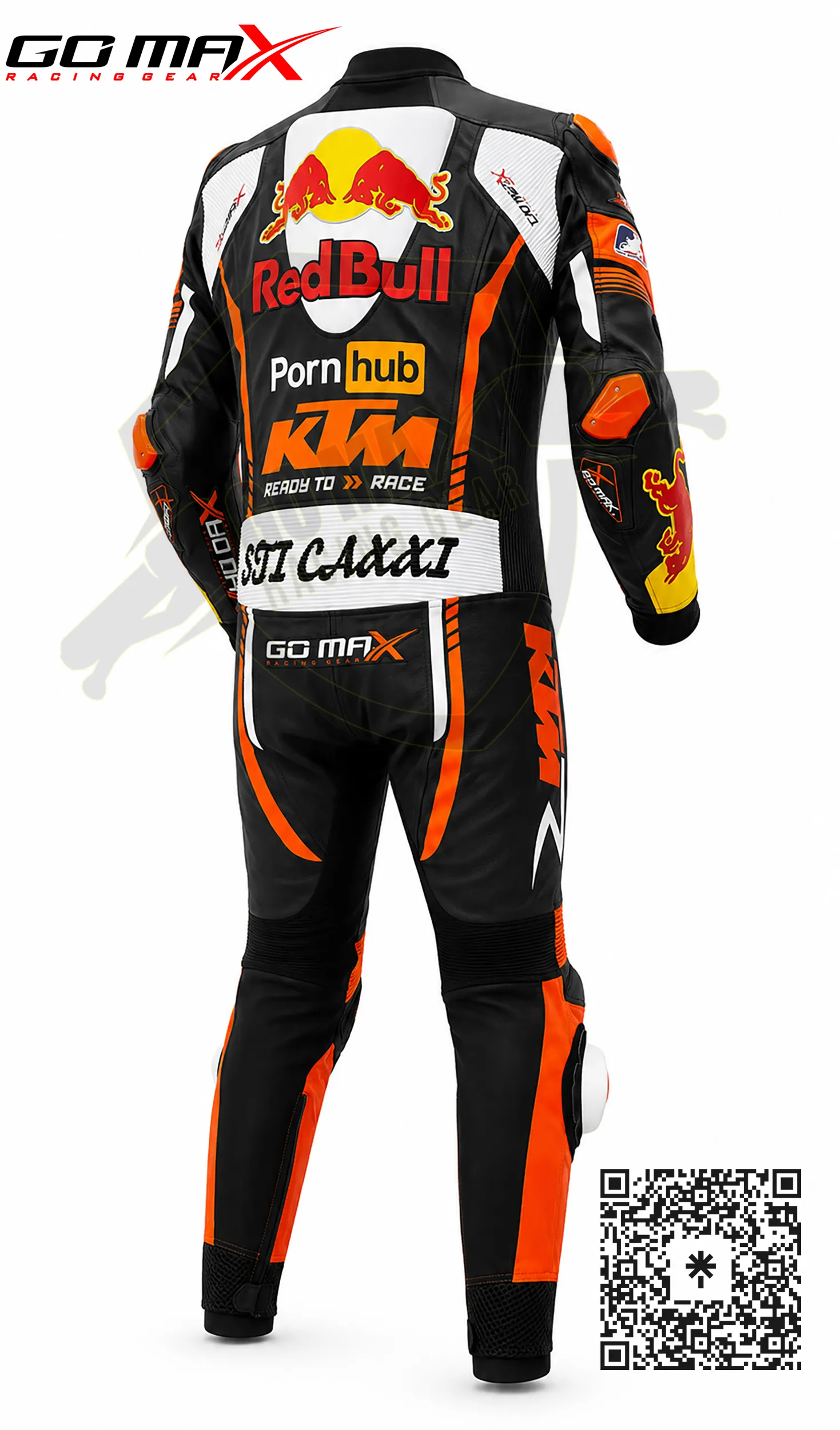 Complete rear display of KTM Motorcycle Racing Suit with speed hump