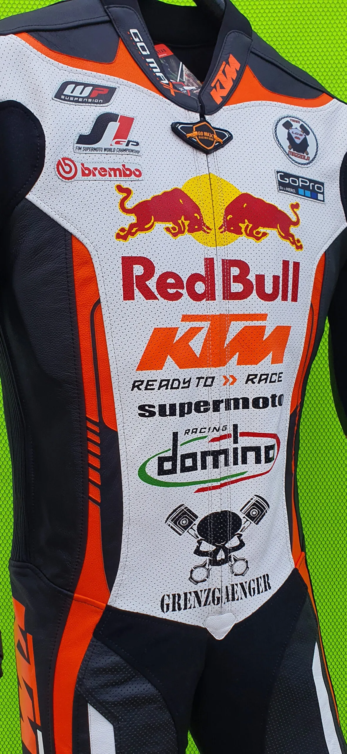 KTM Motorcycle Racing Suit front product display with race styling