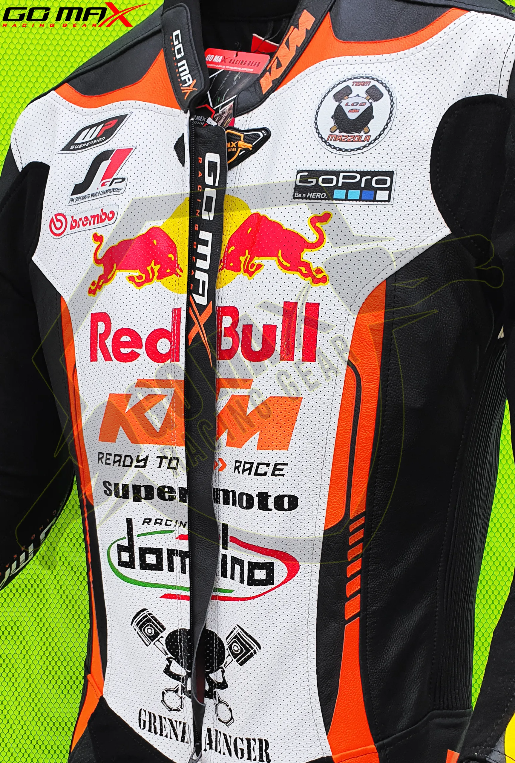 Close-up of KTM Motorcycle Racing Suit lower leg and knee protection