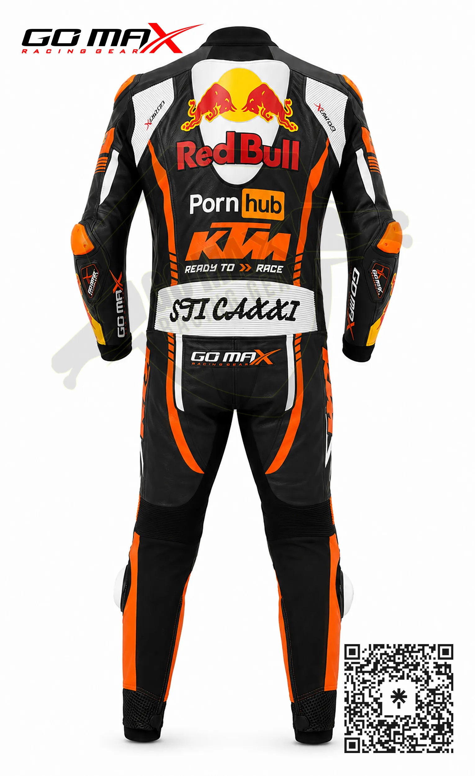 KTM Motorcycle Racing Suit rear view featuring aerodynamic racing hump