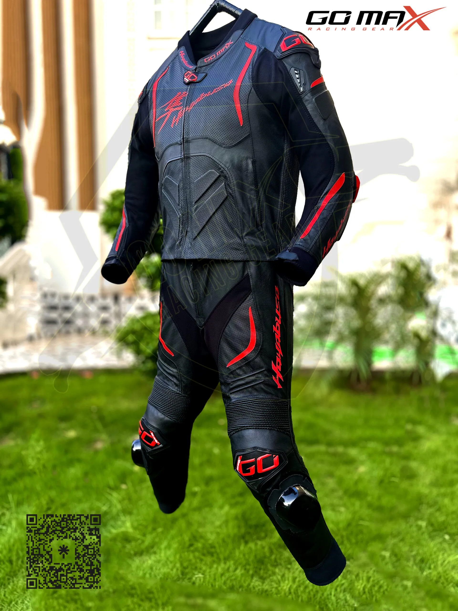 Rider wearing Hayabusa Black Red Suit