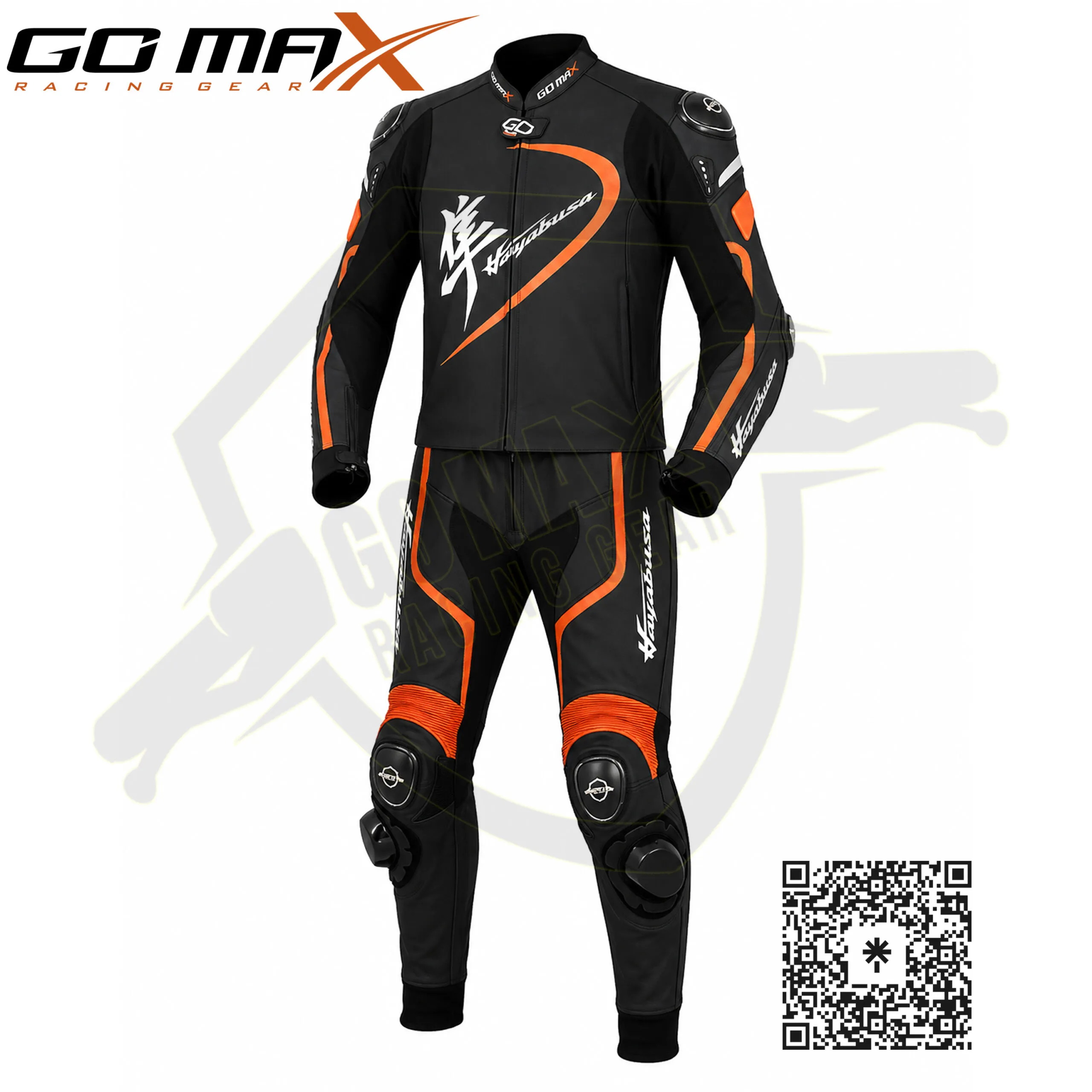 Hayabusa 3rd Gen 2-Piece Suit in black and orange front-side view