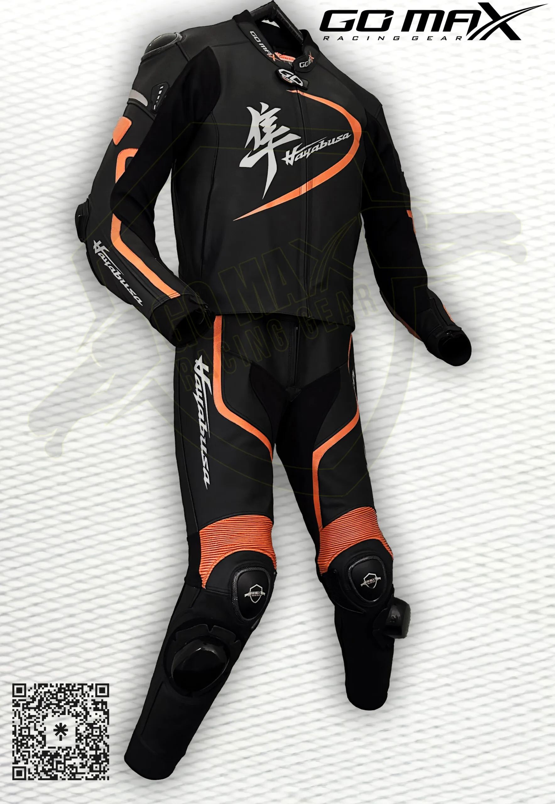 Hayabusa 3rd Gen 2-Piece Suit full view in black and orange