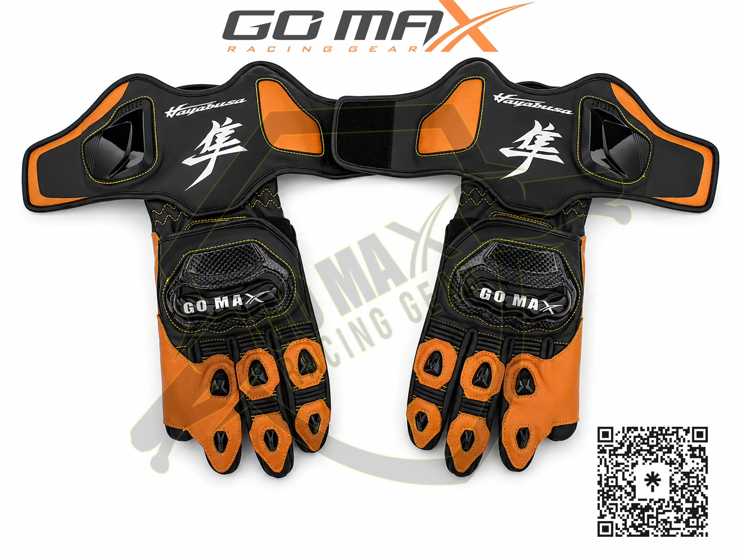 Hayabusa 3rd Gen 2-Piece Suit with matching black and orange riding gloves