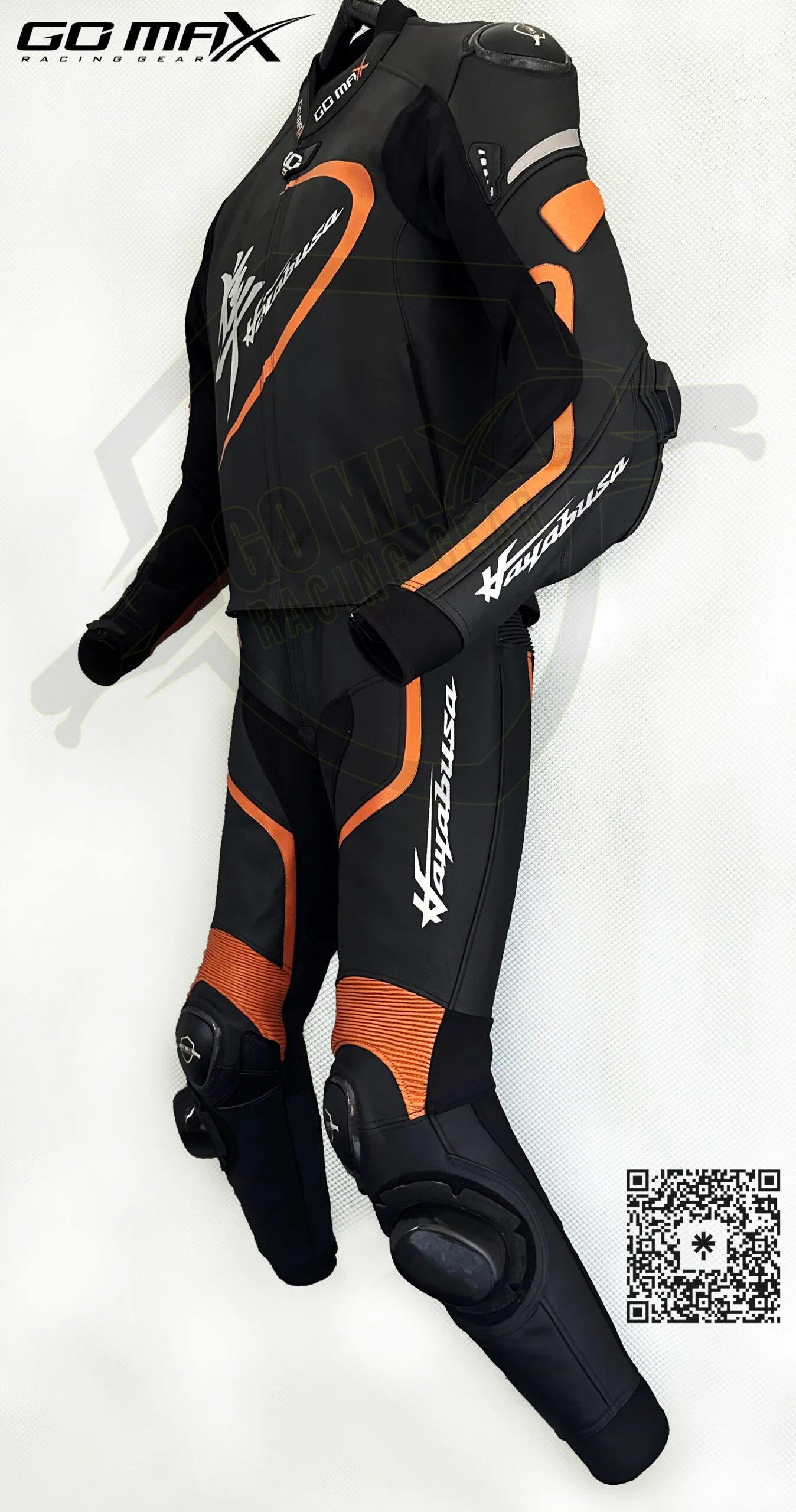 Hayabusa 3rd Gen 2-Piece Suit side view in black and orange