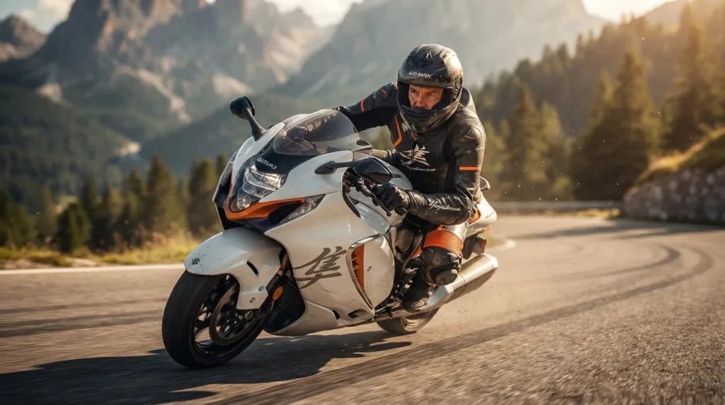 Go Max Racing Hayabusa 3rd Generation Leather Suit - Rider Action Rider wearing Go Max Racing Hayabusa 3rd Generation Leather Suit