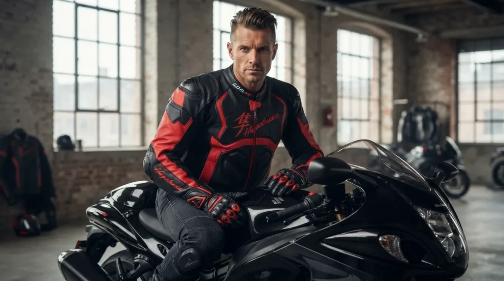 Hayabusa Black and Red Jacket Rider Rider wearing Hayabusa Black and Red Jacket by Go Max Racing