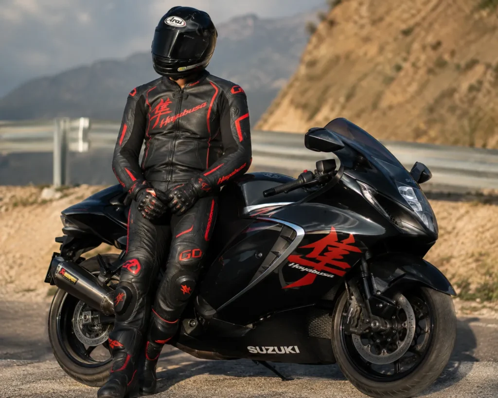 Rider Wearing Hayabusa Black Red Suit Rider wearing Hayabusa Black Red Suit on a sportbike