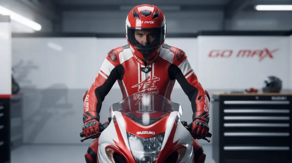 Hayabusa Red and White Suit Rider Front Hayabusa Red and White 2 Piece Suit rider front view