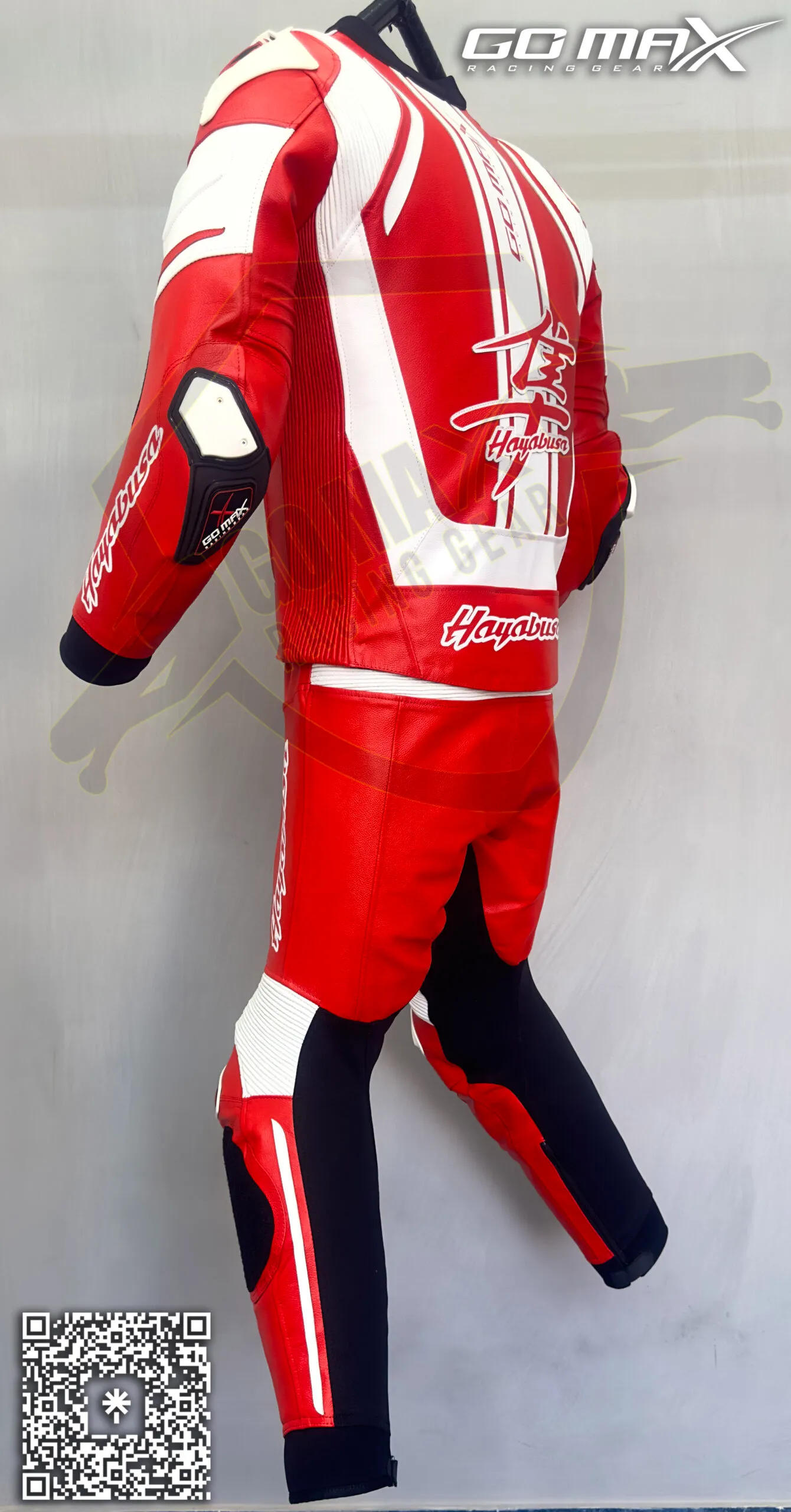 Hayabusa Red and White 2 Piece Suit rider rear view