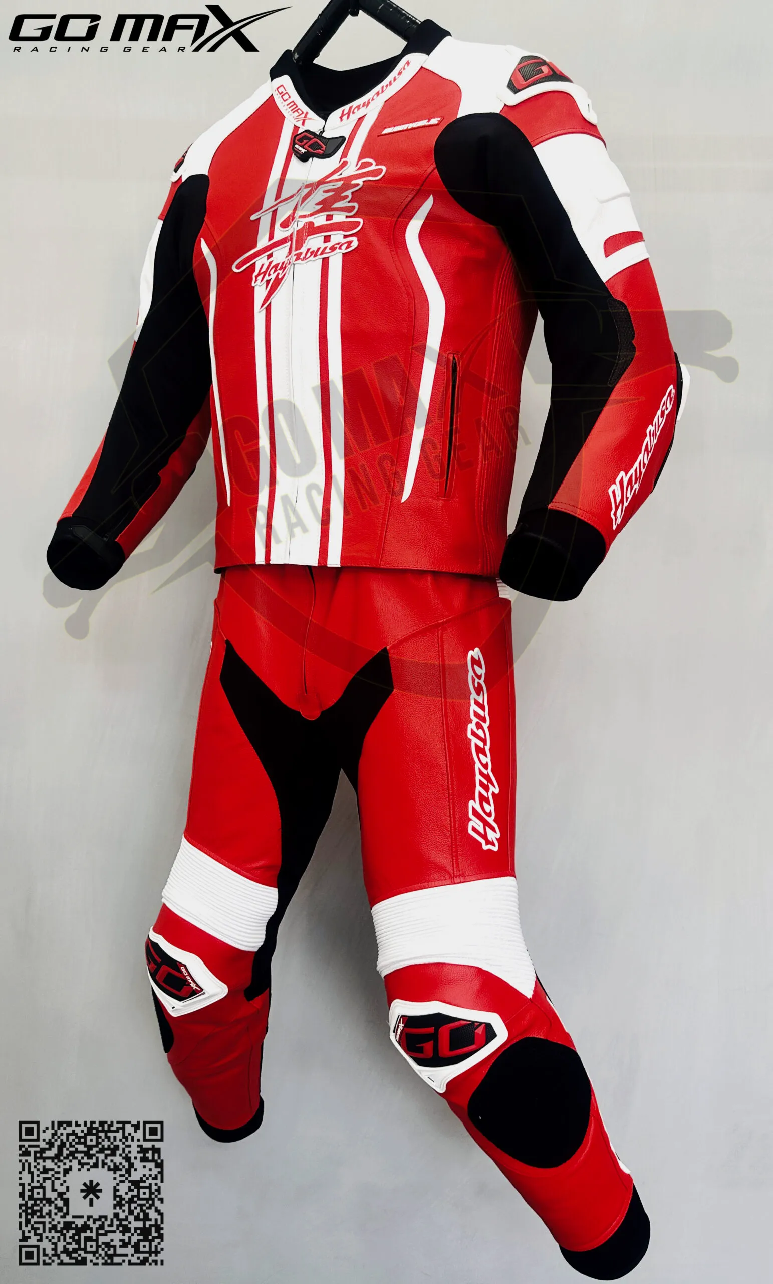 Hayabusa Red and White 2 Piece Suit rider side view