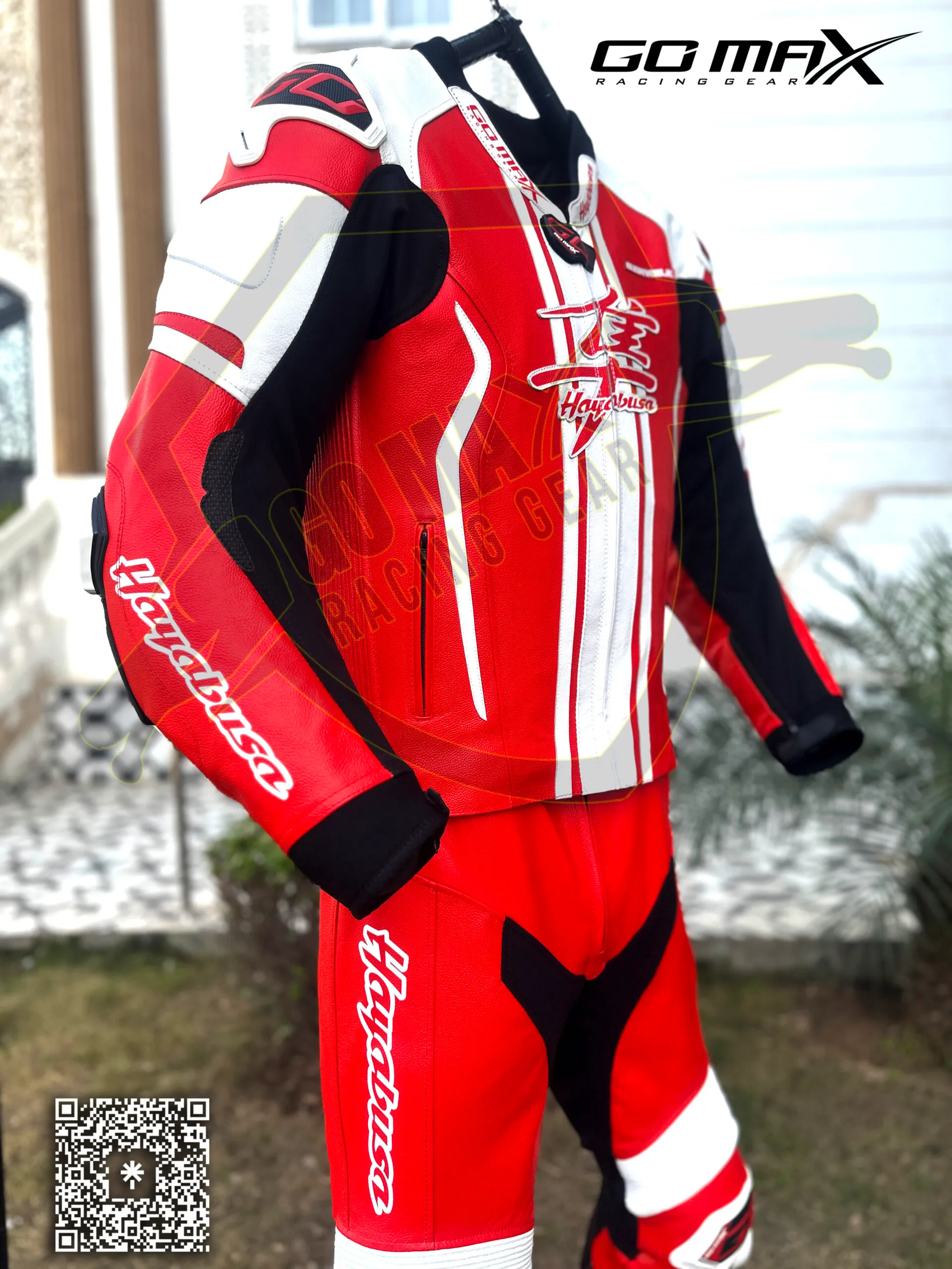 Hayabusa Red and White 2 Piece Suit worn by rider front view