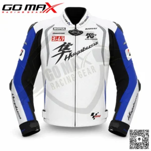 Hayabusa White Blue Silver Jacket front view in white, blue and silver