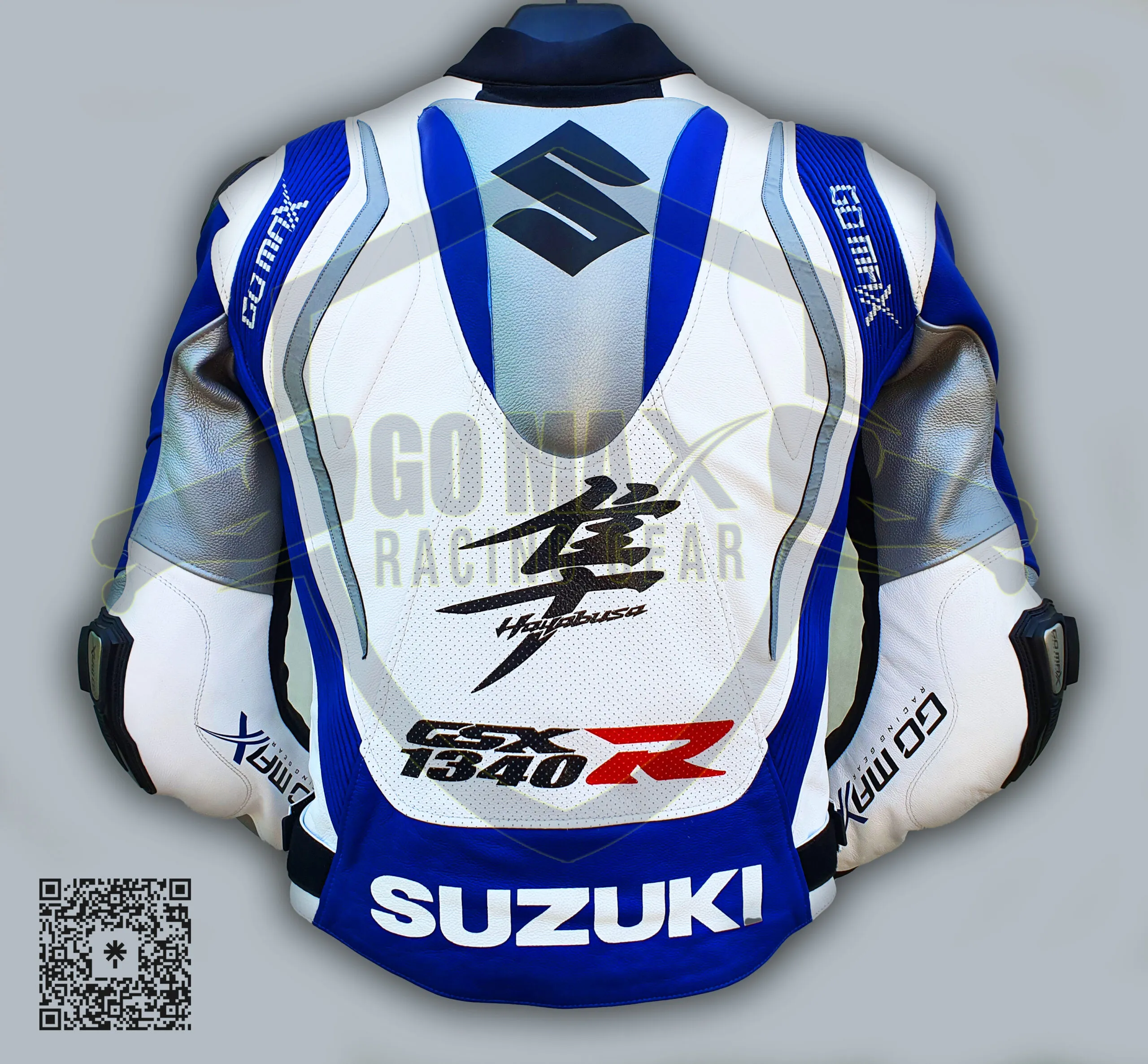 rear detail of Hayabusa White Blue Silver Jacket