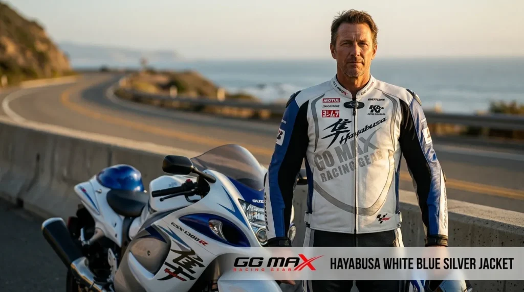 Hayabusa White Blue Silver Jacket Rider motorcycle rider wearing Hayabusa White Blue Silver Jacket