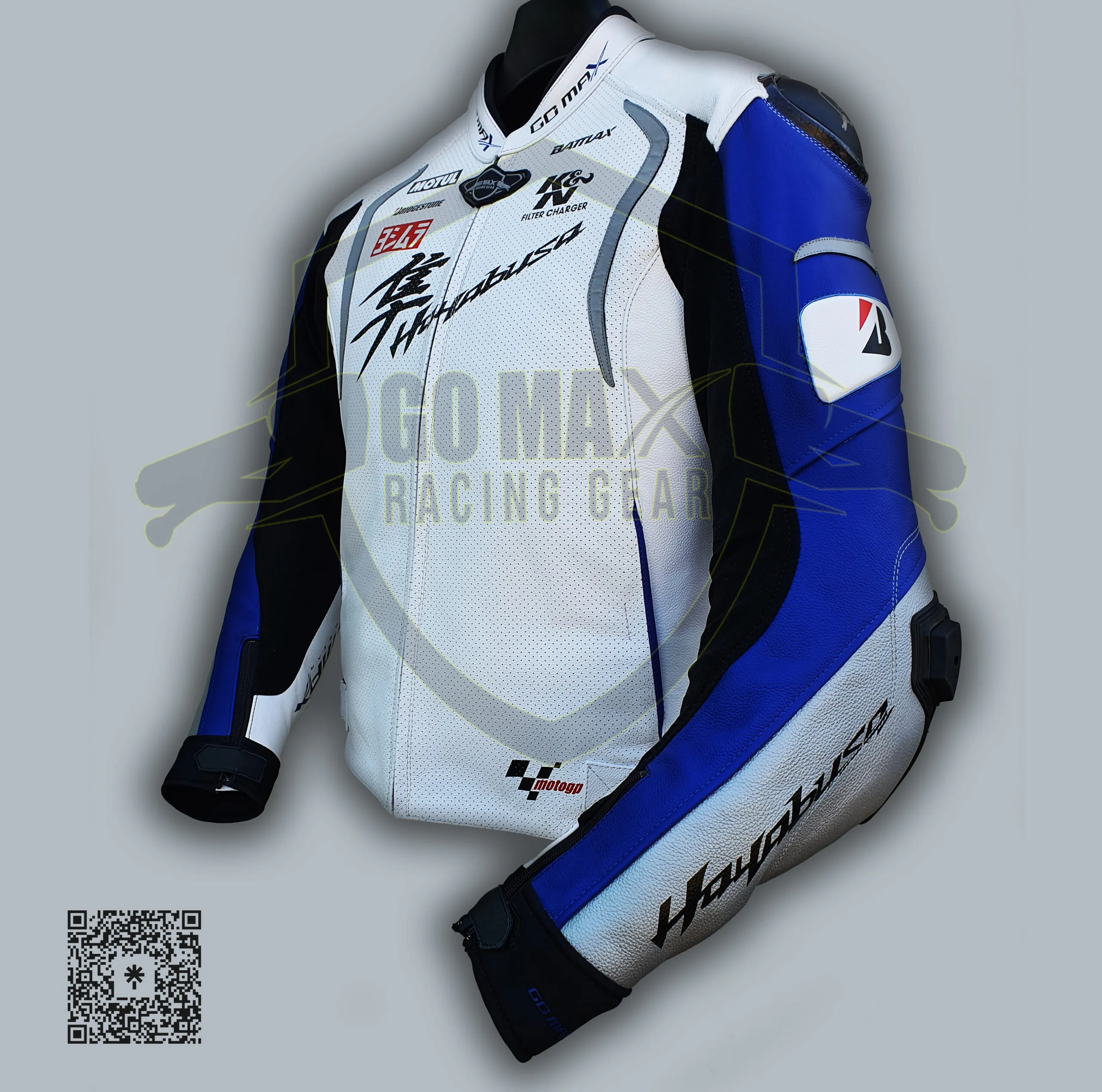 side detail of Hayabusa White Blue Silver Jacket