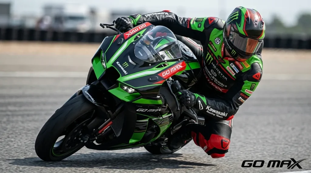 Kawasaki Motorcycle Racing Suit Rider rider wearing Kawasaki motorcycle racing suit on bike