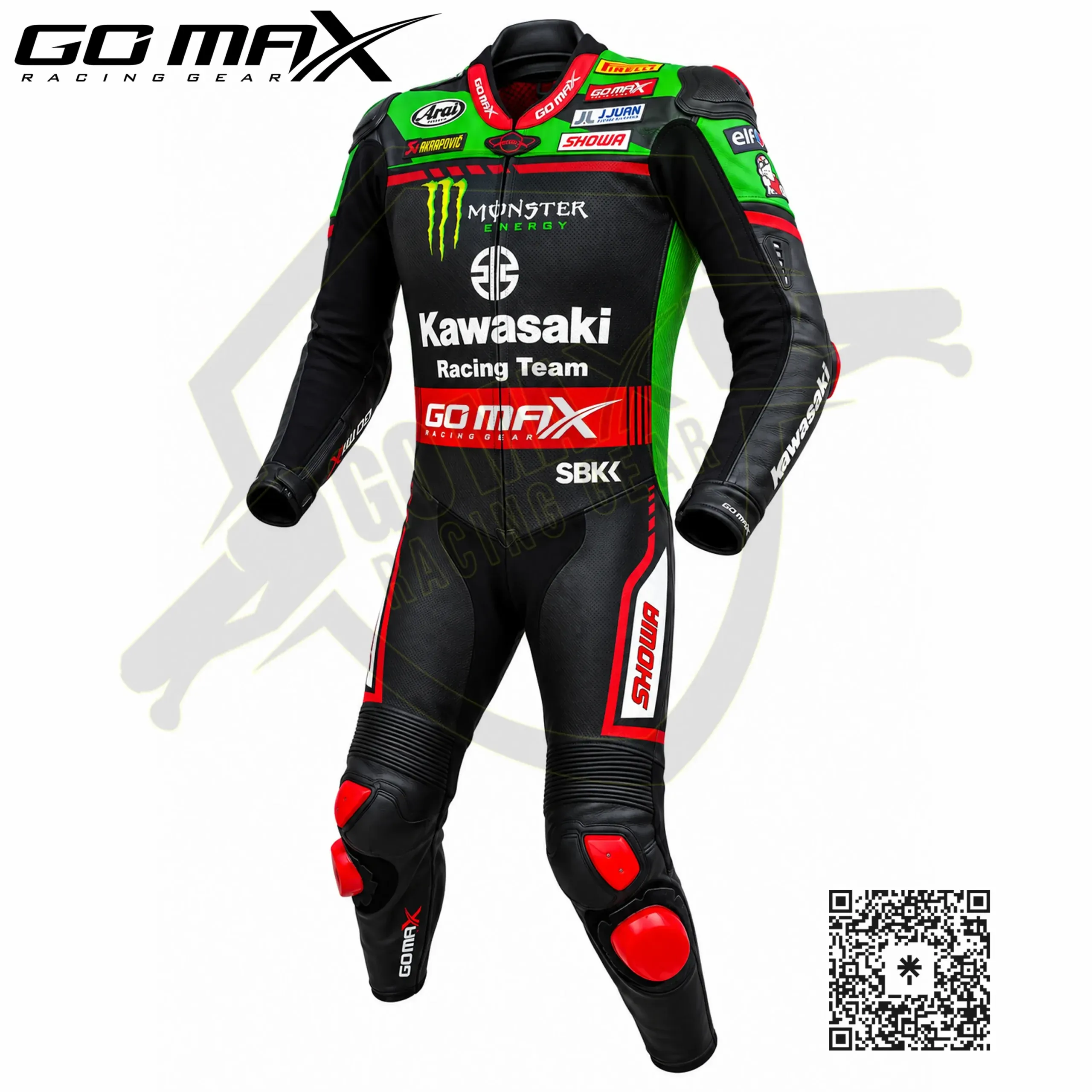 Kawasaki motorcycle racing suit side view