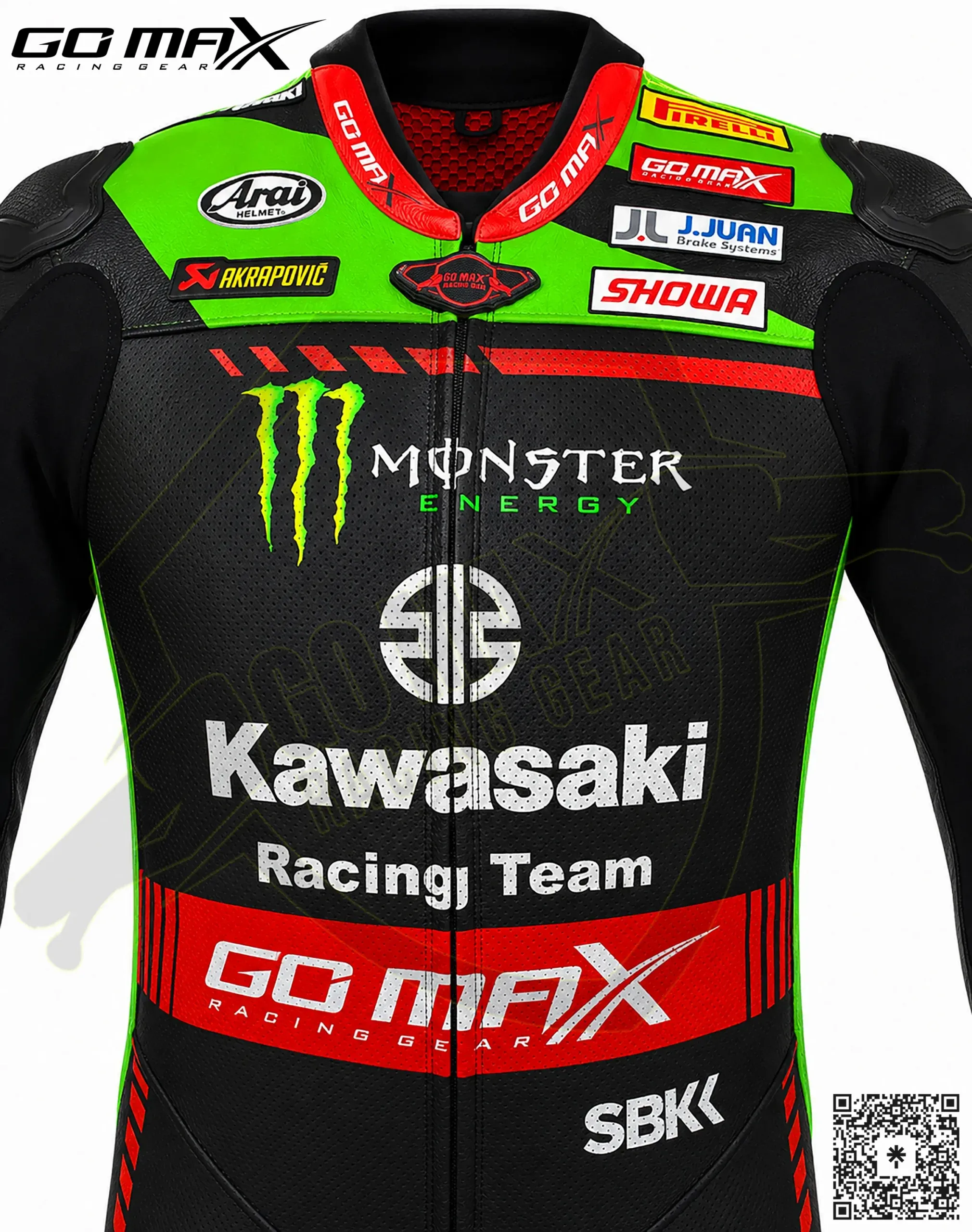 close up of Kawasaki SBK Racing Suit front details