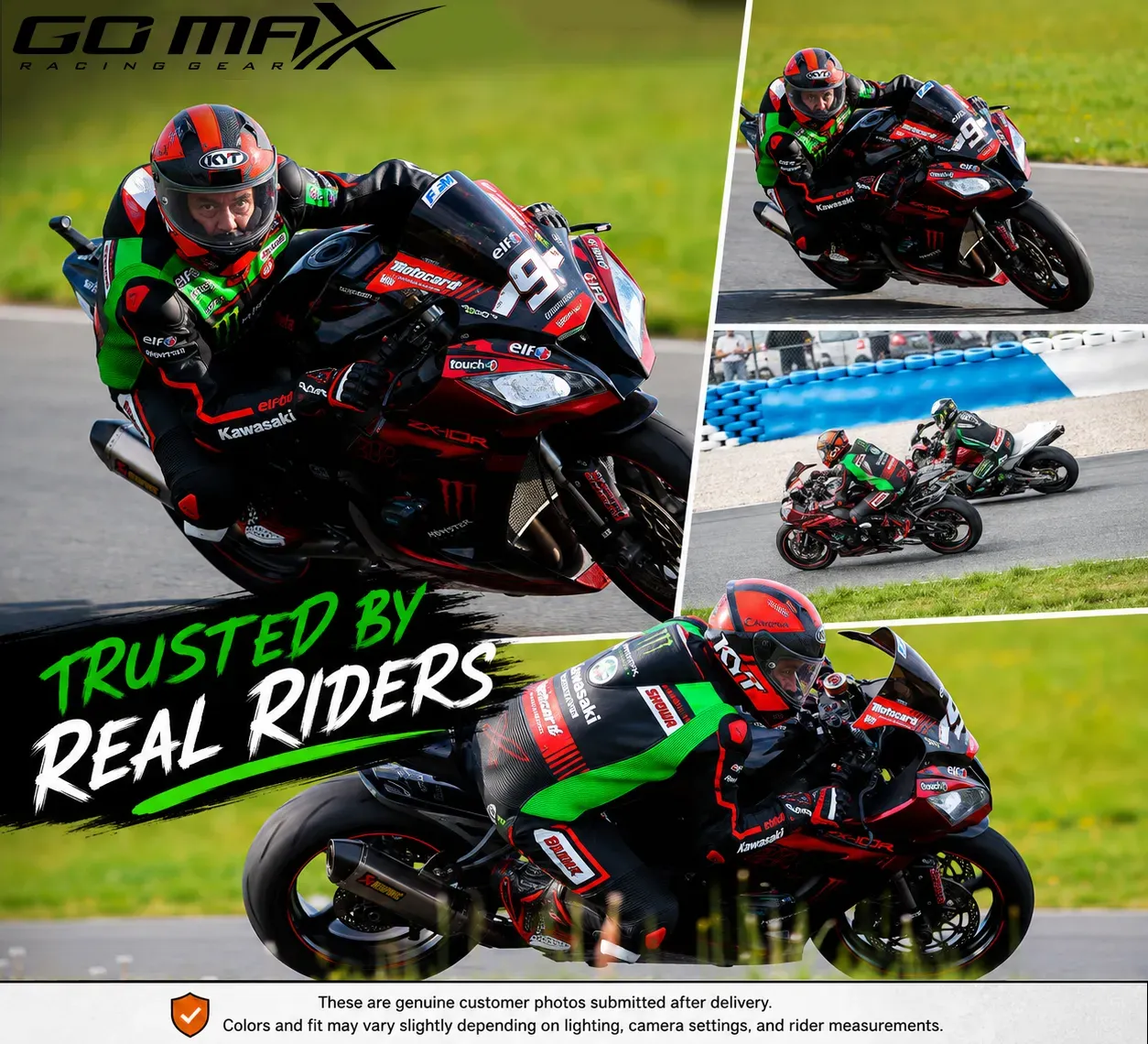 rider wearing Kawasaki SBK Racing Suit sitting on motorcycle
