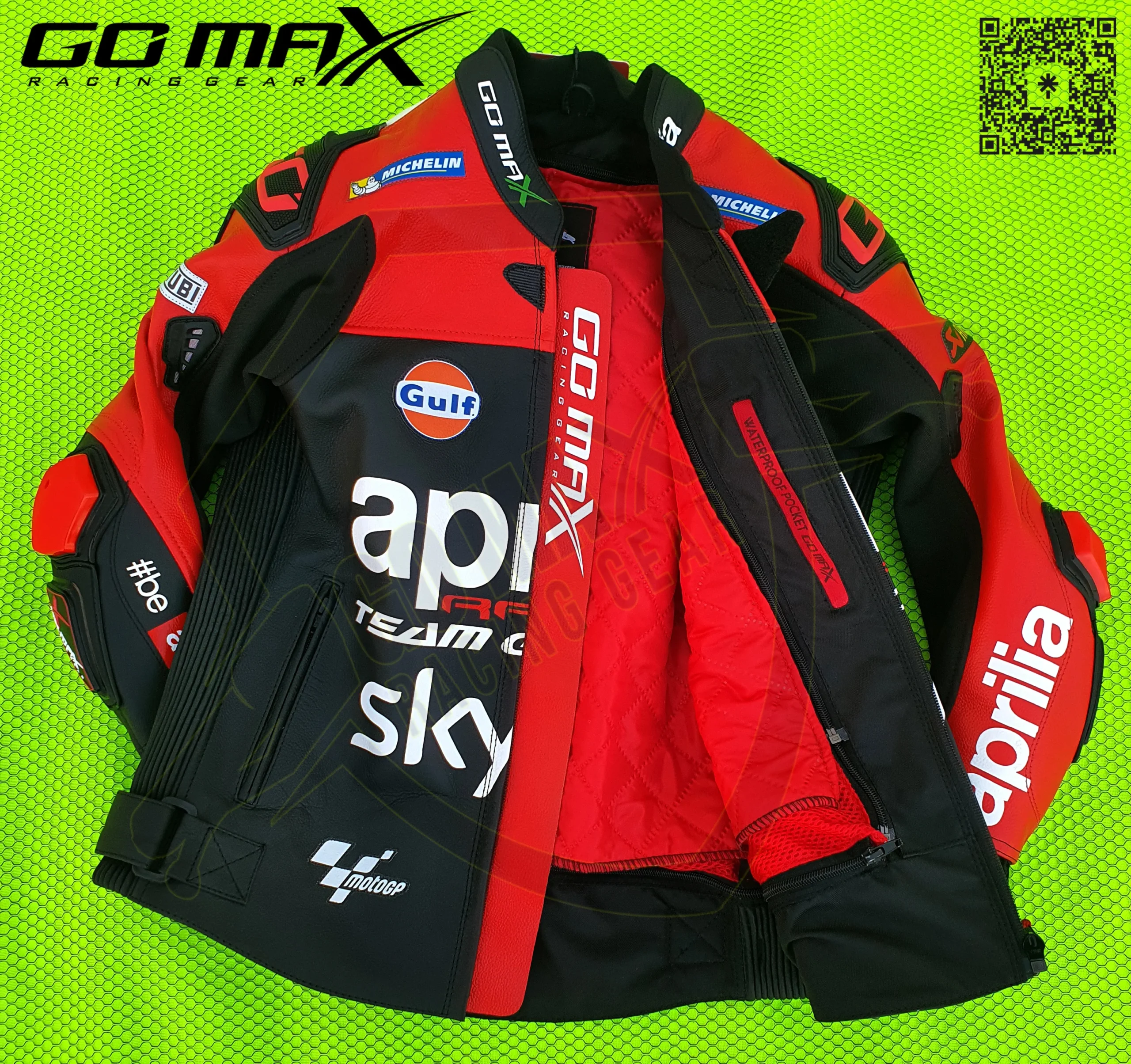 Go Max Aprilia Racing Team Gresini MotoGP Custom Motorcycle Leather Racing Jacket Motorbike Riding Jacket - Image 9